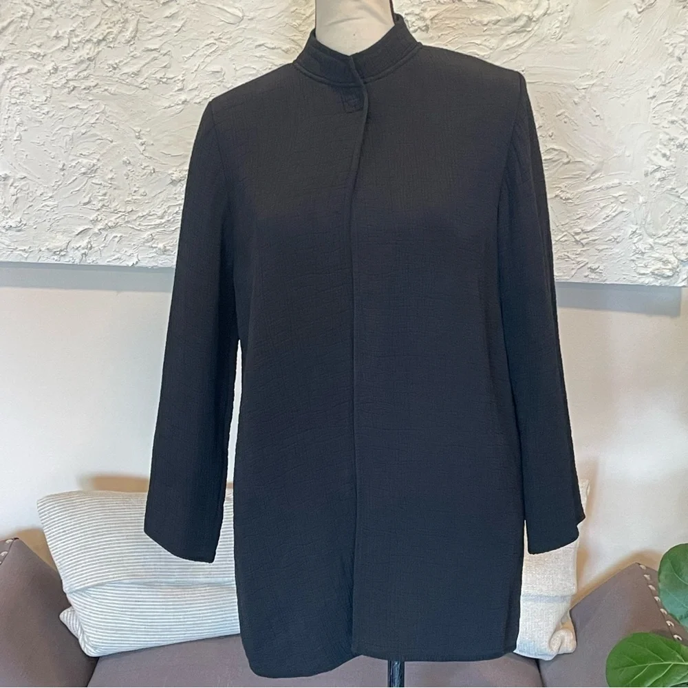 EILEEN FISHER Stand Collar Silk Blend Textured Long Jacket Black Sz S Petite